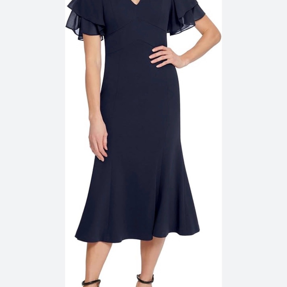 DKNY Elegant Navy Midi Dress with Ruffle Sleeves
